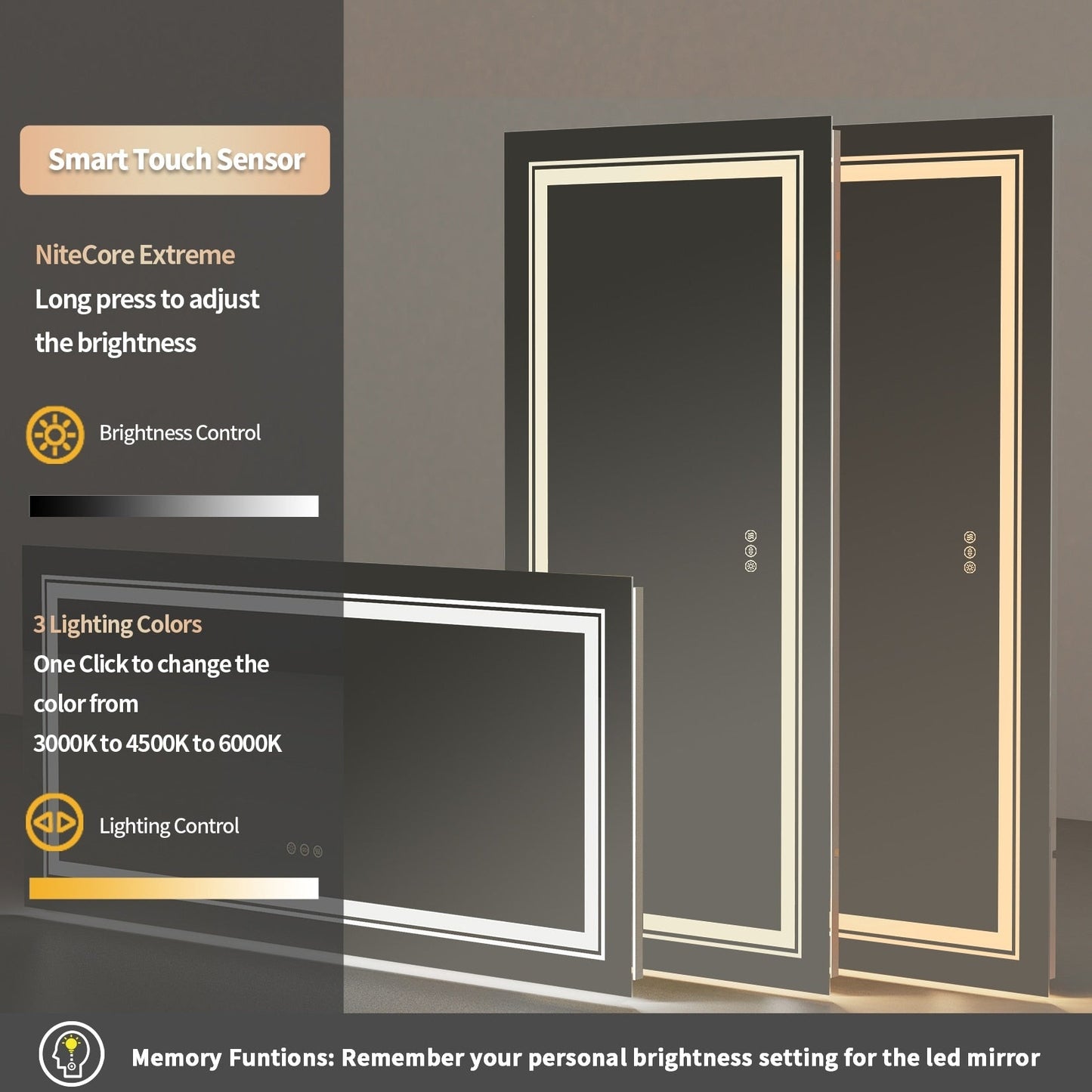 Miroir de salle de bain extra large avec éclairage LED, antibuée, 3 couleurs