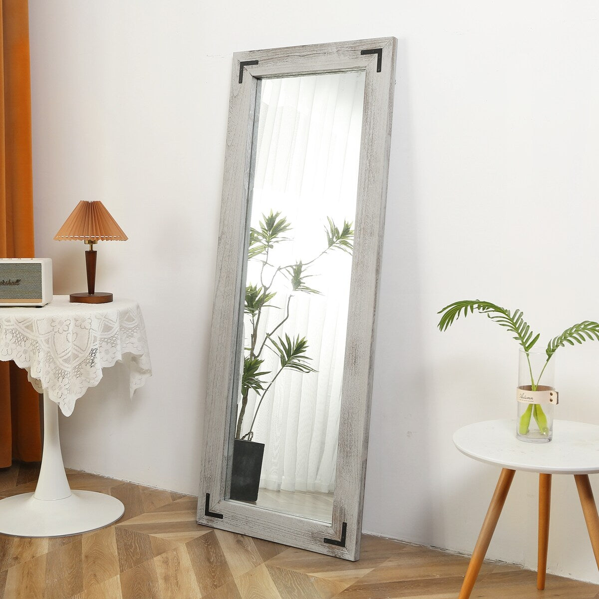 Miroir de sol rustique de style ferme avec cadre en bois - 65 x 24