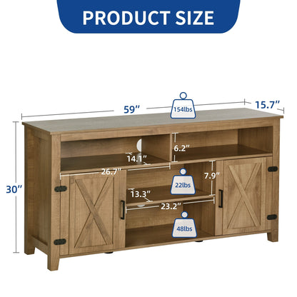 Meuble TV Farmhouse pouvant accueillir jusqu'à 65 téléviseurs avec portes et étagères ouvertes Console multimédia Prise de courant