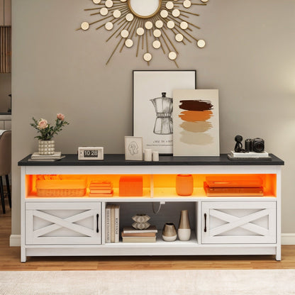 Meuble TV Farmhouse pouvant accueillir jusqu'à 65 téléviseurs avec portes et étagères ouvertes Console multimédia Prise de courant