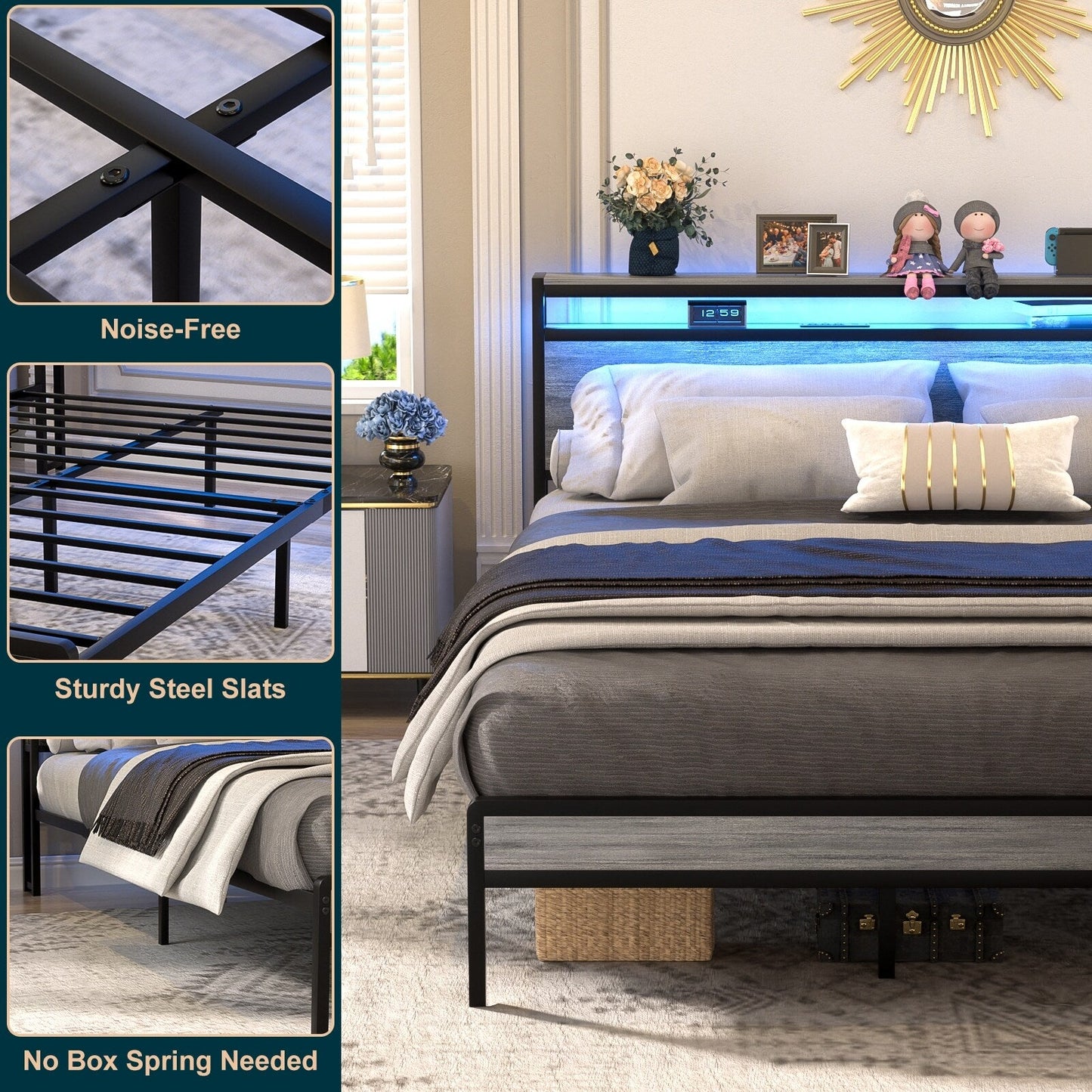 Cadre de lit plateforme en bois de style ferme avec station de charge et lumières LED