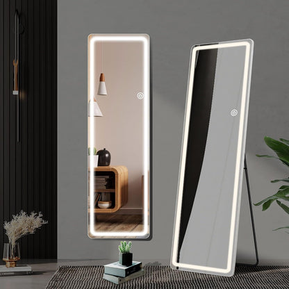 Miroir de sol avec éclairage LED, 64 x 21, miroir pleine longueur avec support, miroir suspendu, miroir mural, miroir intégral