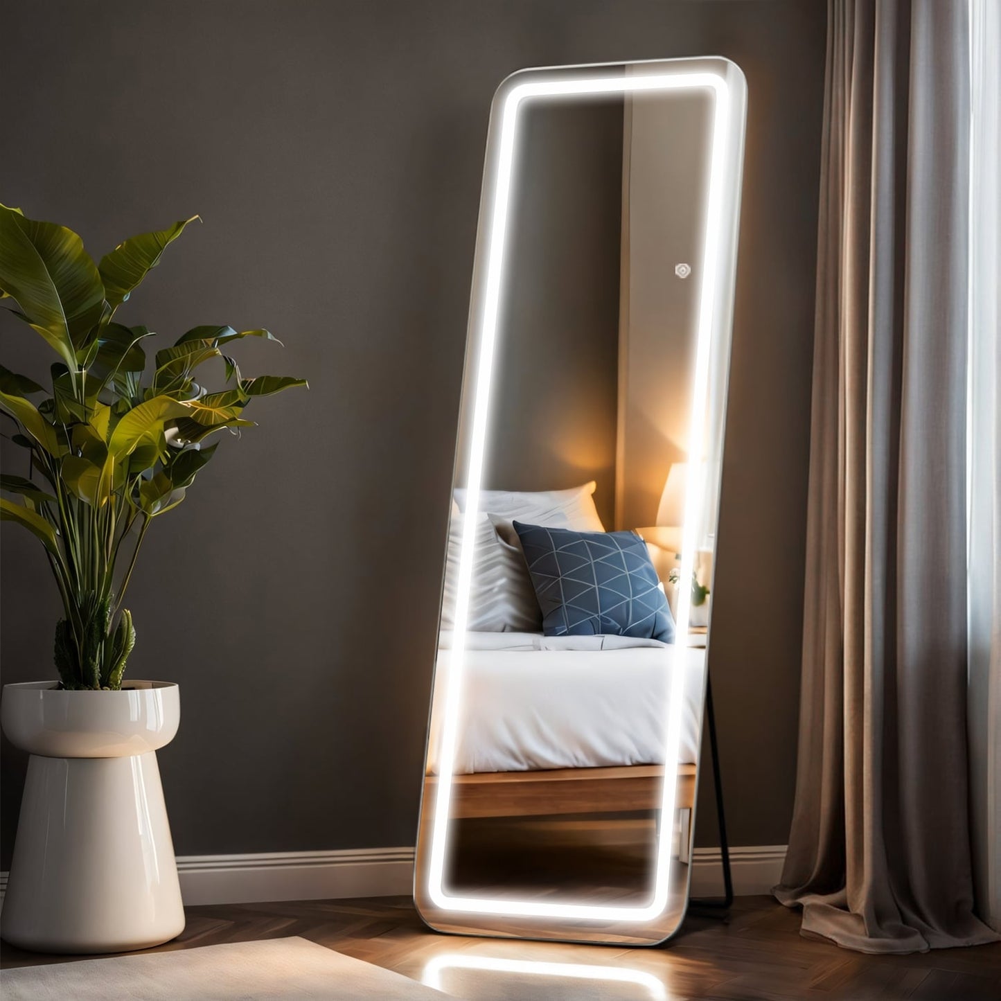 Miroir de sol avec éclairage LED, 64 x 21, miroir pleine longueur avec support, miroir suspendu, miroir mural, miroir intégral