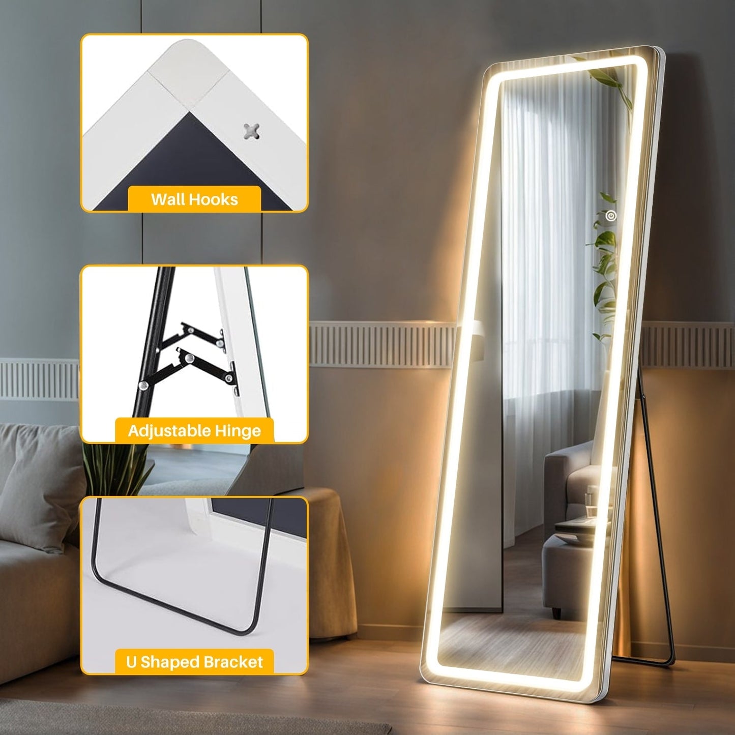 Miroir de sol avec éclairage LED, 64 x 21, miroir pleine longueur avec support, miroir suspendu, miroir mural, miroir intégral
