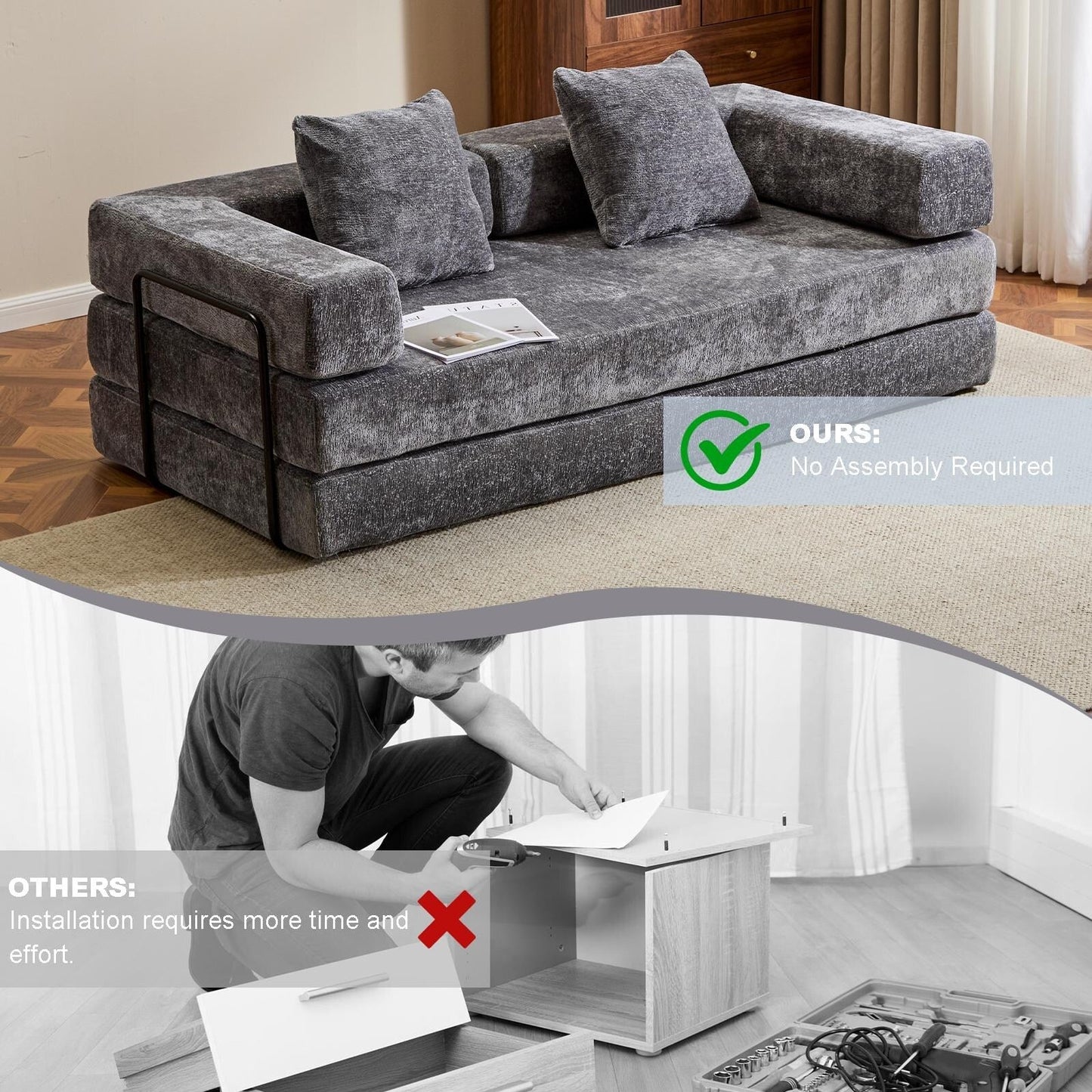 Canapé-lit convertible avec dossier coussiné en tissu chenille pour salon et chambre à coucher