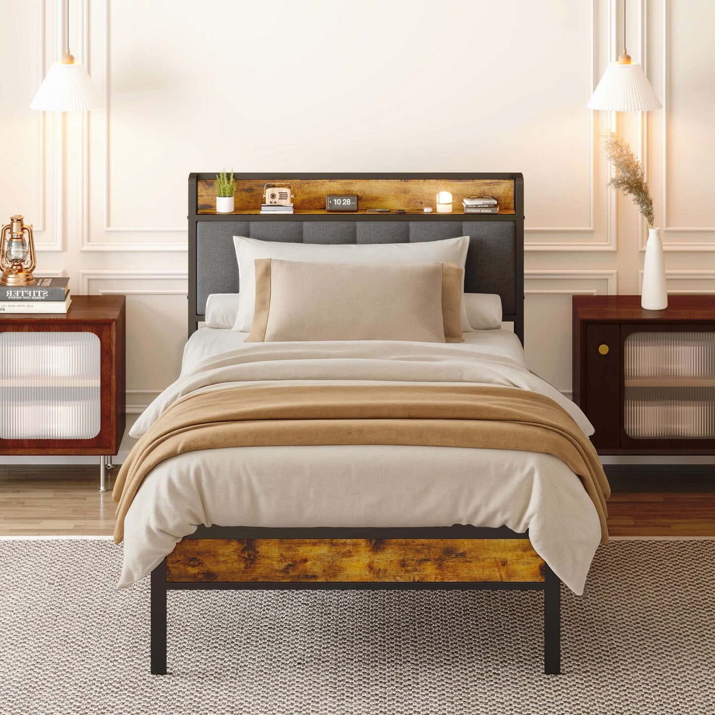 Cadre de lit plateforme en métal pour lit simple, double, queen ou king size avec tête de lit rembourrée et rangement