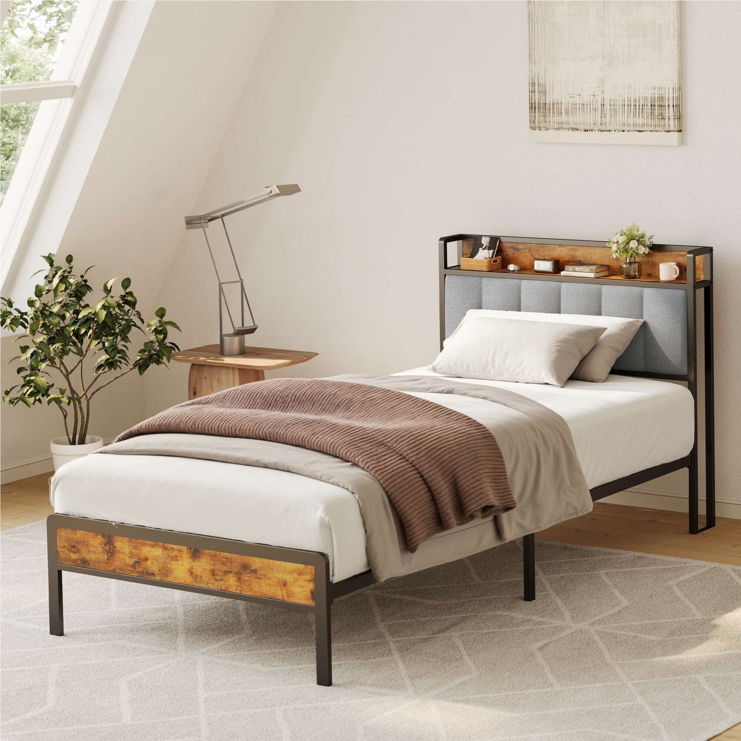 Cadre de lit plateforme en métal pour lit simple, double, queen ou king size avec tête de lit rembourrée et rangement