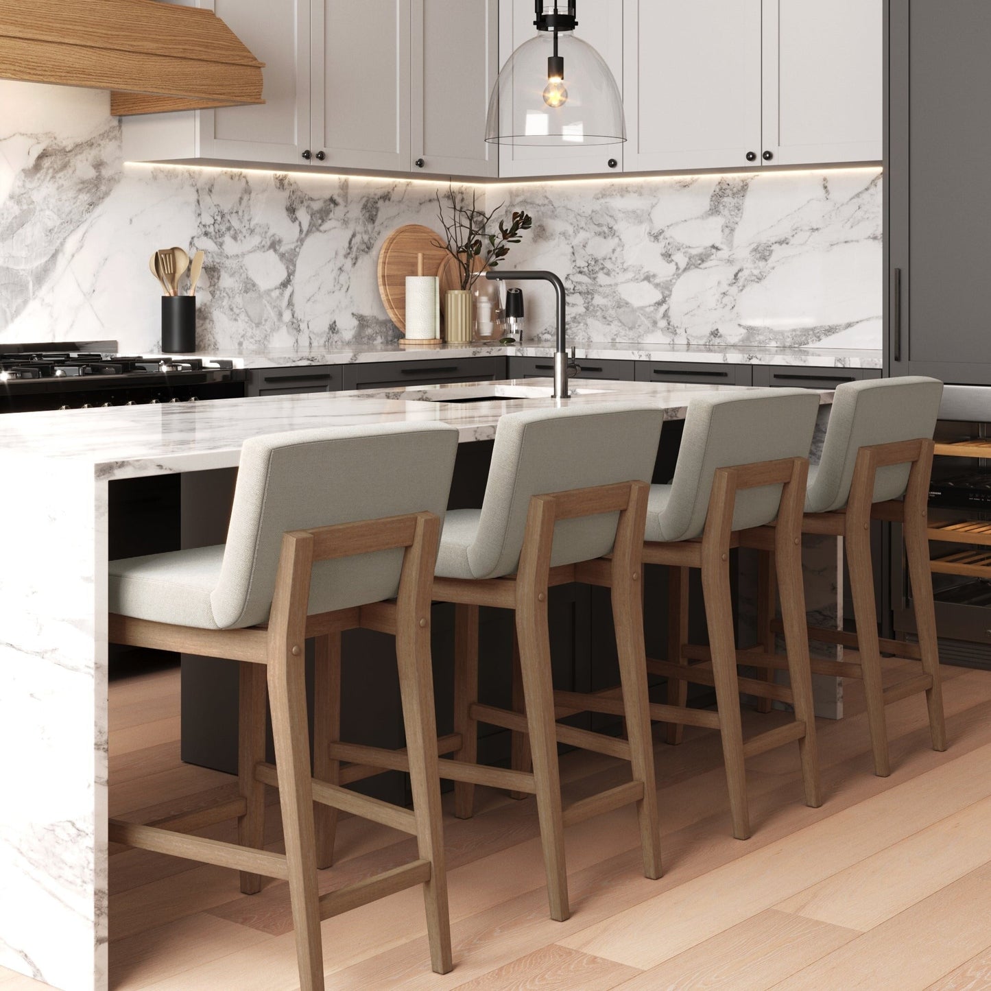 Tabouret de bar moderne Gracie, chaise rembourrée en boucle et pieds en bois brossé