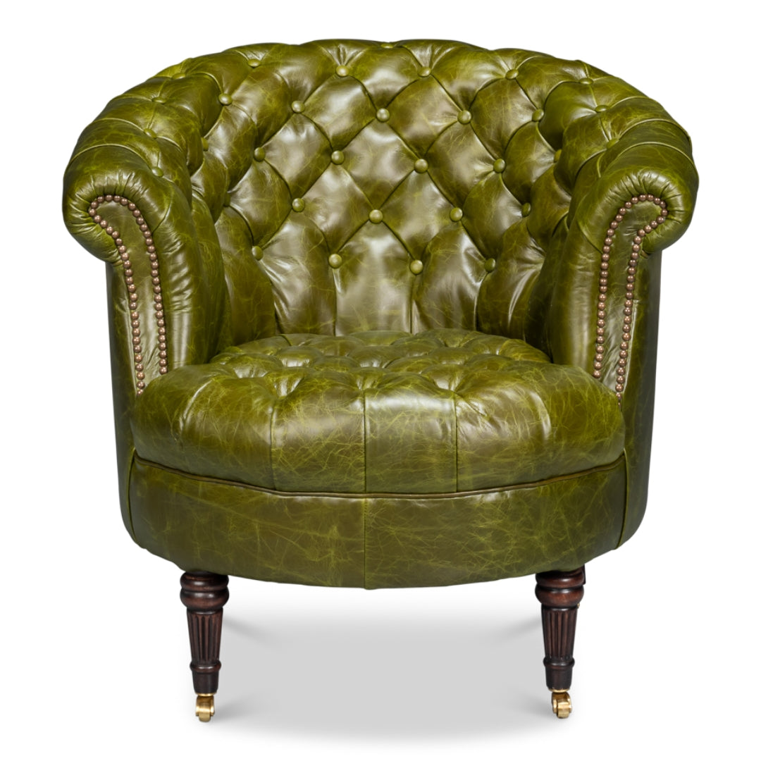 Fauteuil Chesterfield en cuir tonneau vert