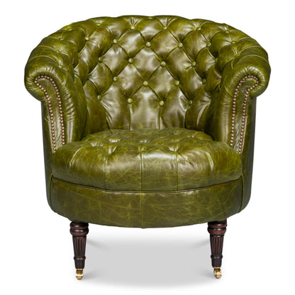 Fauteuil Chesterfield en cuir tonneau vert