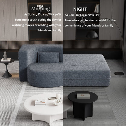 Canapé-lit convertible en tissu Teddy gris 78 pouces, garni de mousse, avec 2 oreillers et matelas pliant pour le salon