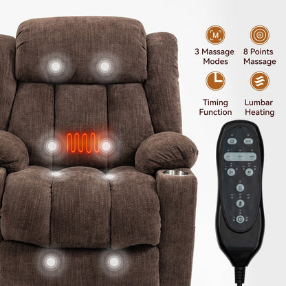 Fauteuil inclinable électrique en chenille grise avec massage, chauffage lombaire, ports USB et Type-C et porte-gobelets en acier inoxydable