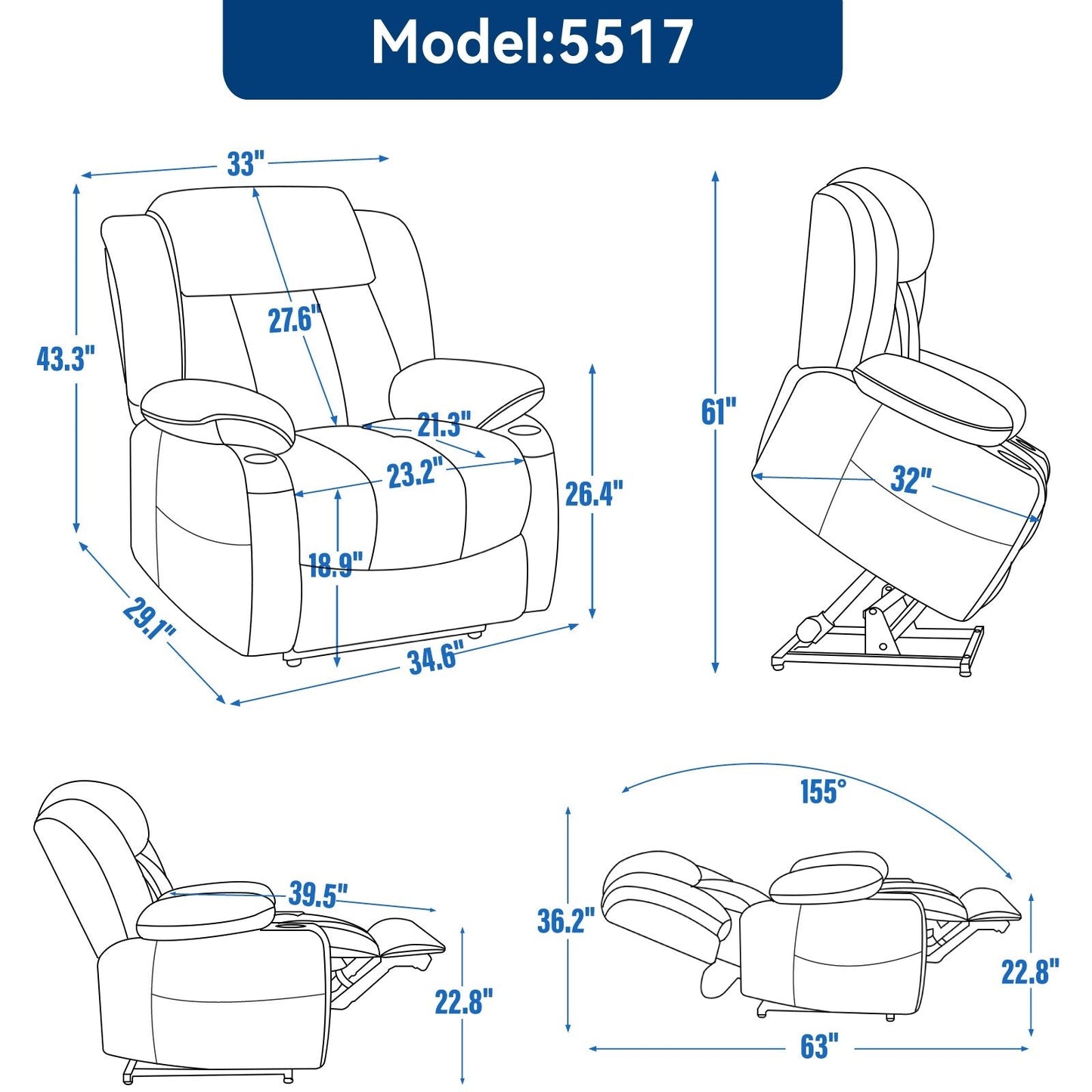 Fauteuil inclinable électrique en chenille grise avec massage, chauffage lombaire, ports USB et Type-C et porte-gobelets en acier inoxydable