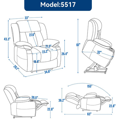 Fauteuil inclinable électrique en chenille grise avec massage, chauffage lombaire, ports USB et Type-C et porte-gobelets en acier inoxydable