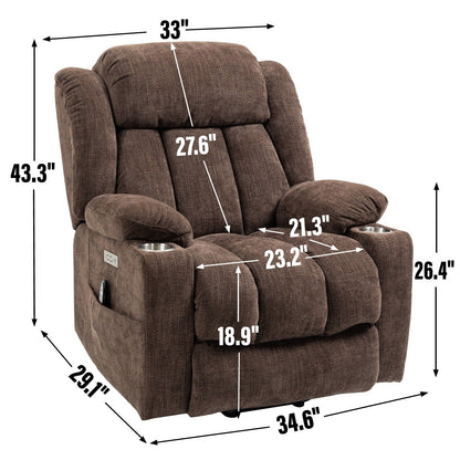 Fauteuil inclinable électrique en chenille grise avec massage, chauffage lombaire, ports USB et Type-C et porte-gobelets en acier inoxydable