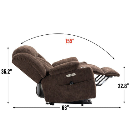 Fauteuil inclinable électrique en chenille grise avec massage, chauffage lombaire, ports USB et Type-C et porte-gobelets en acier inoxydable