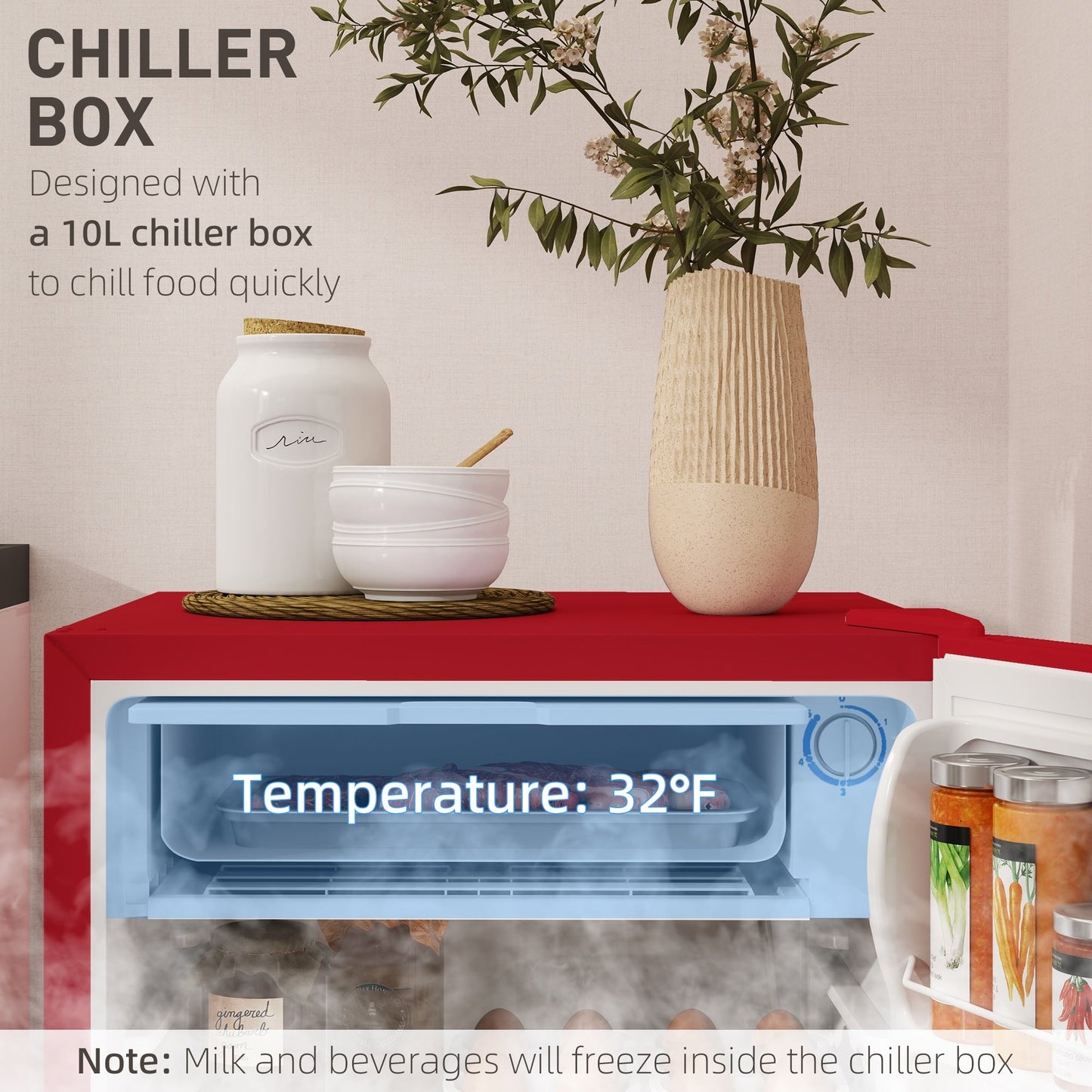 Mini-réfrigérateur compact HOMCOM de 3,2 pi³ avec congélateur, porte simple et thermostat réglable pour chambre à coucher