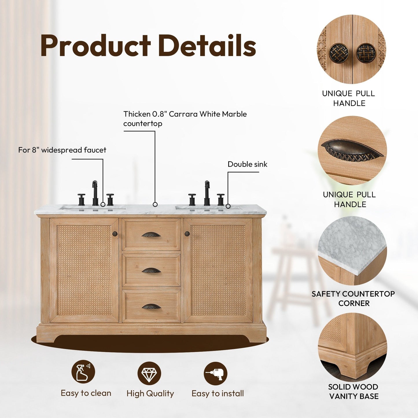 Meuble-lavabo Hervas avec plateau en marbre naturel sans miroir