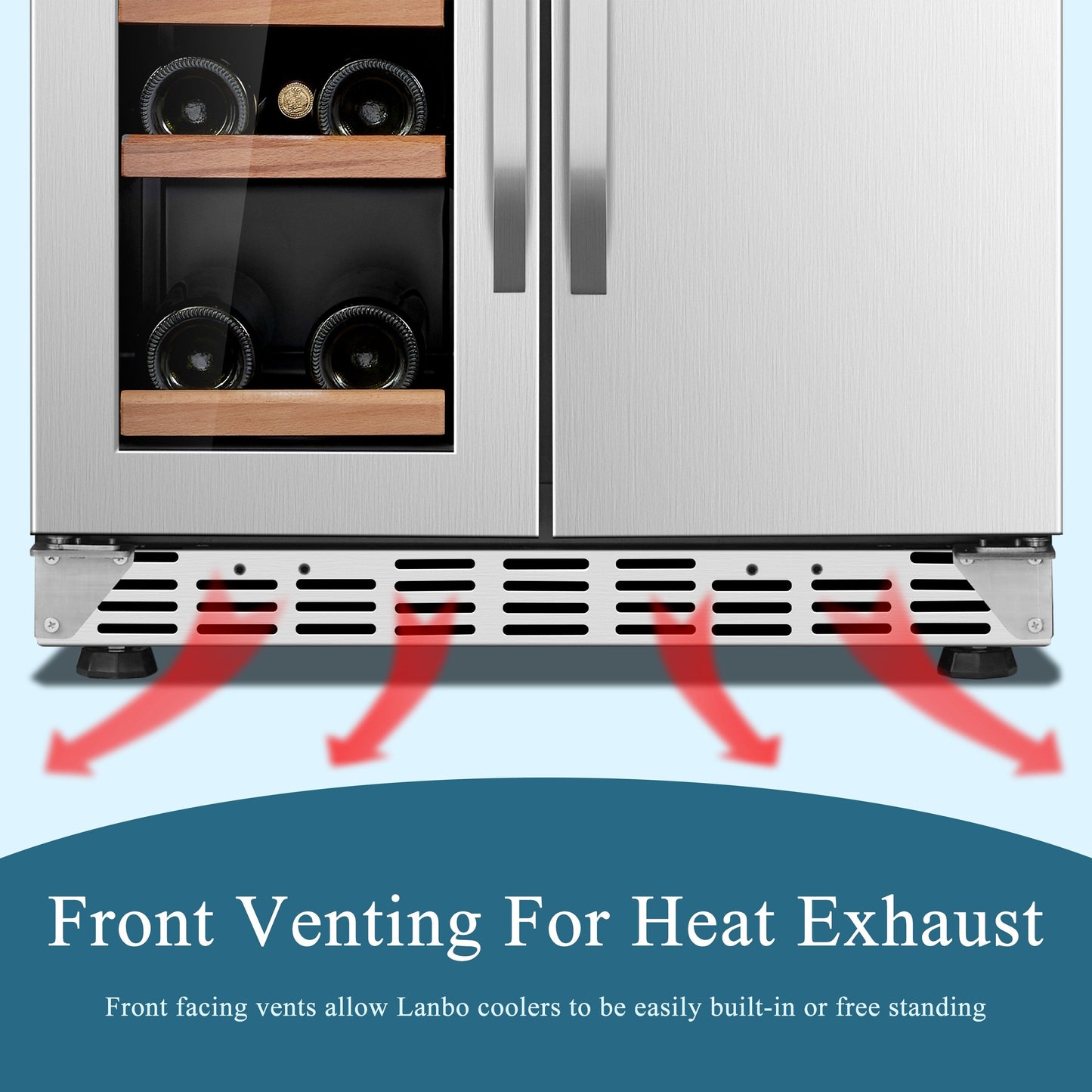 Réfrigérateur Lanbo 24 pouces à double zone, 18 bouteilles de vin et 55 canettes de boissons, en acier inoxydable et verre, avec porte française