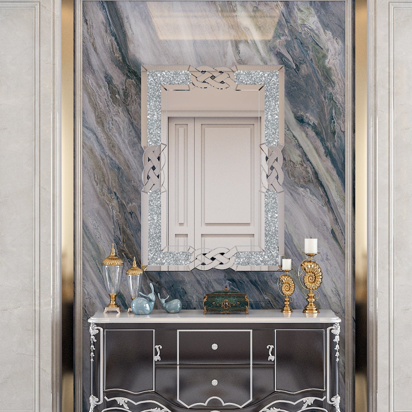 Grand miroir mural emboîtable avec perles de cristal rectangulaires