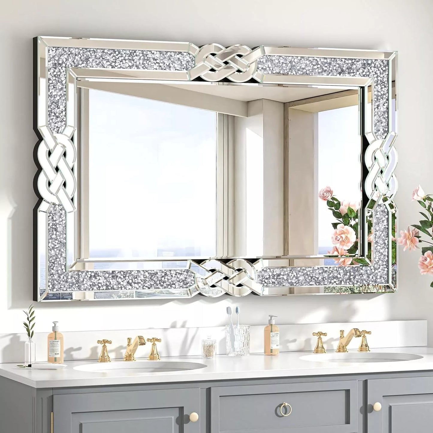 Grand miroir mural emboîtable avec perles de cristal rectangulaires