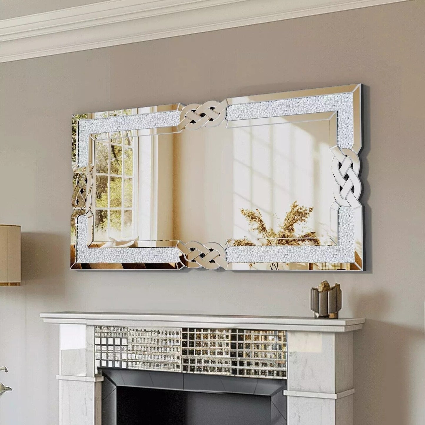 Grand miroir mural emboîtable avec perles de cristal rectangulaires