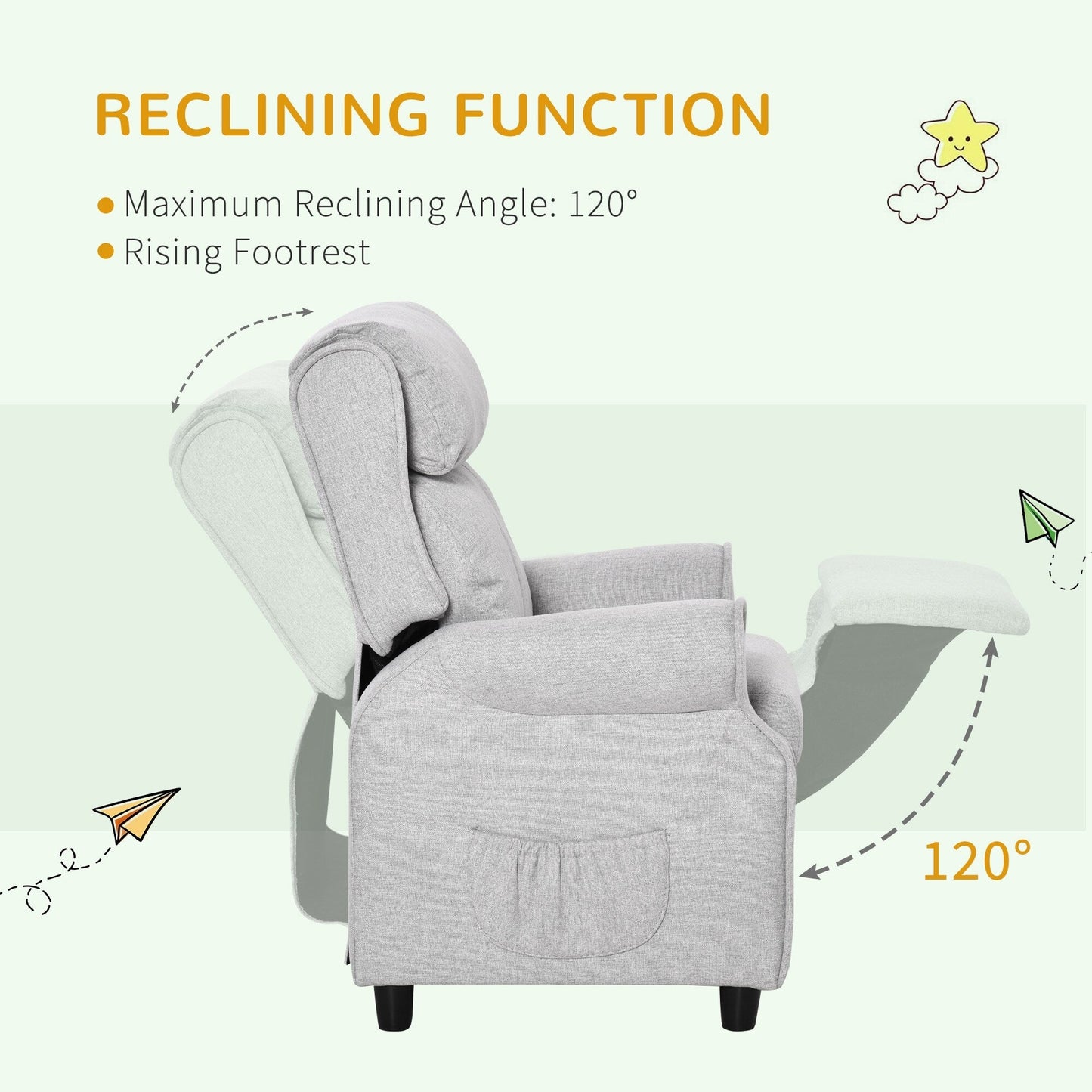 Fauteuil inclinable manuel rembourré gris clair pour enfants de 3 à 5 ans avec repose-pieds et 2 poches latérales