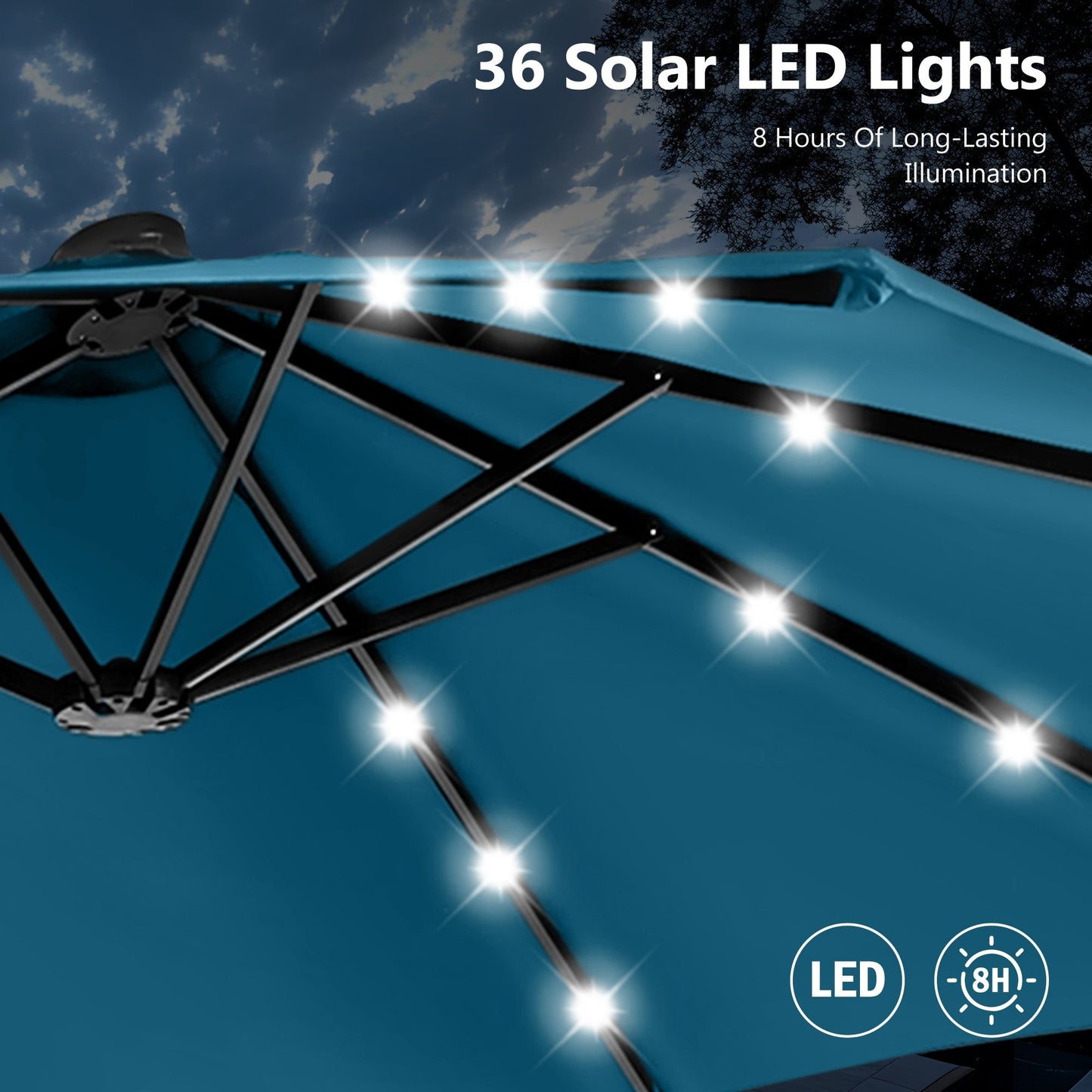 MAISON ARTS Parasol de marché extérieur rectangulaire à manivelle double face de 15 pieds Parasol de patio éclairé par LED solaire avec base incluse
