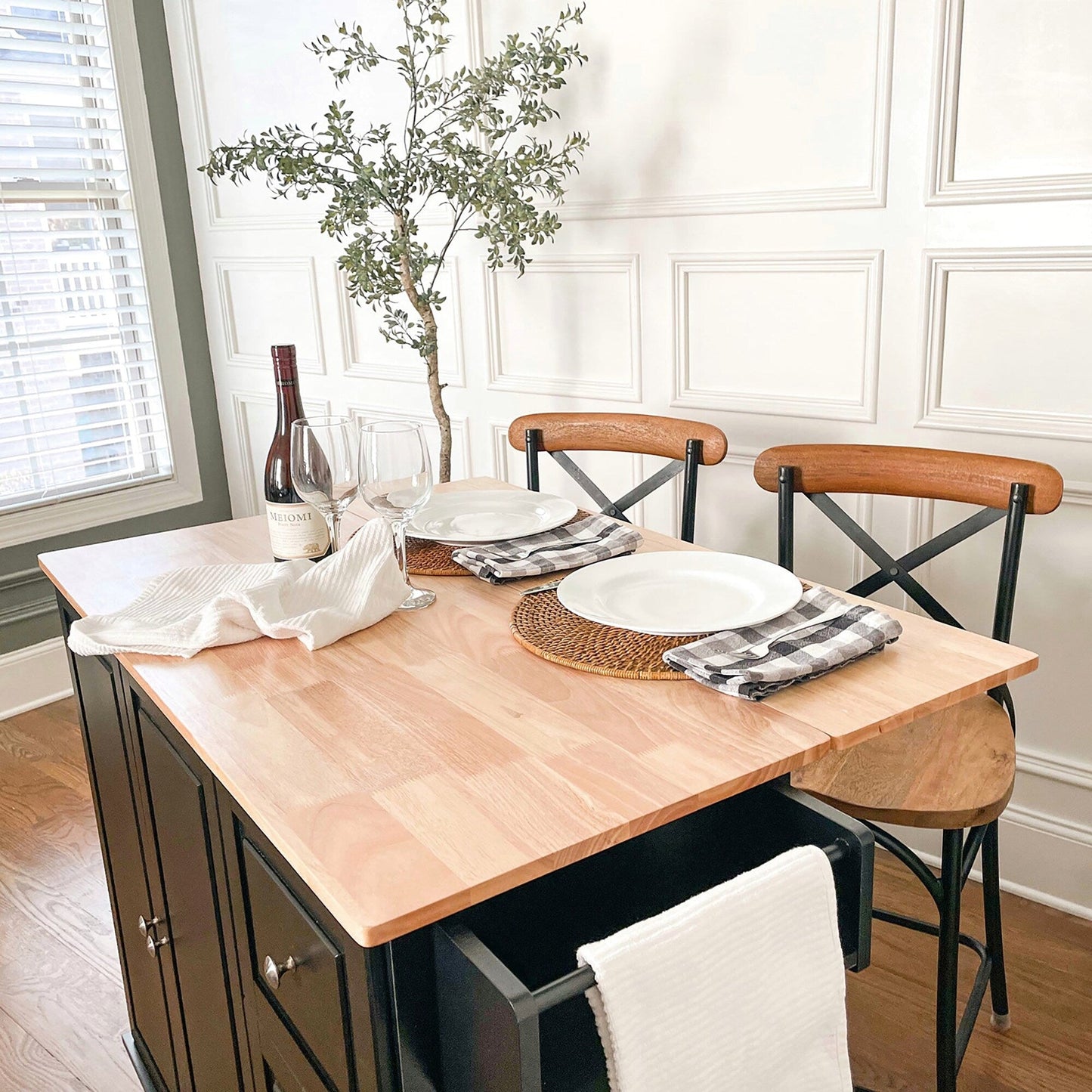 Desserte de cuisine Sophia &amp; William avec abattant et plateau en bois d'hévéa, chariot de cuisine roulant avec grand meuble de rangement