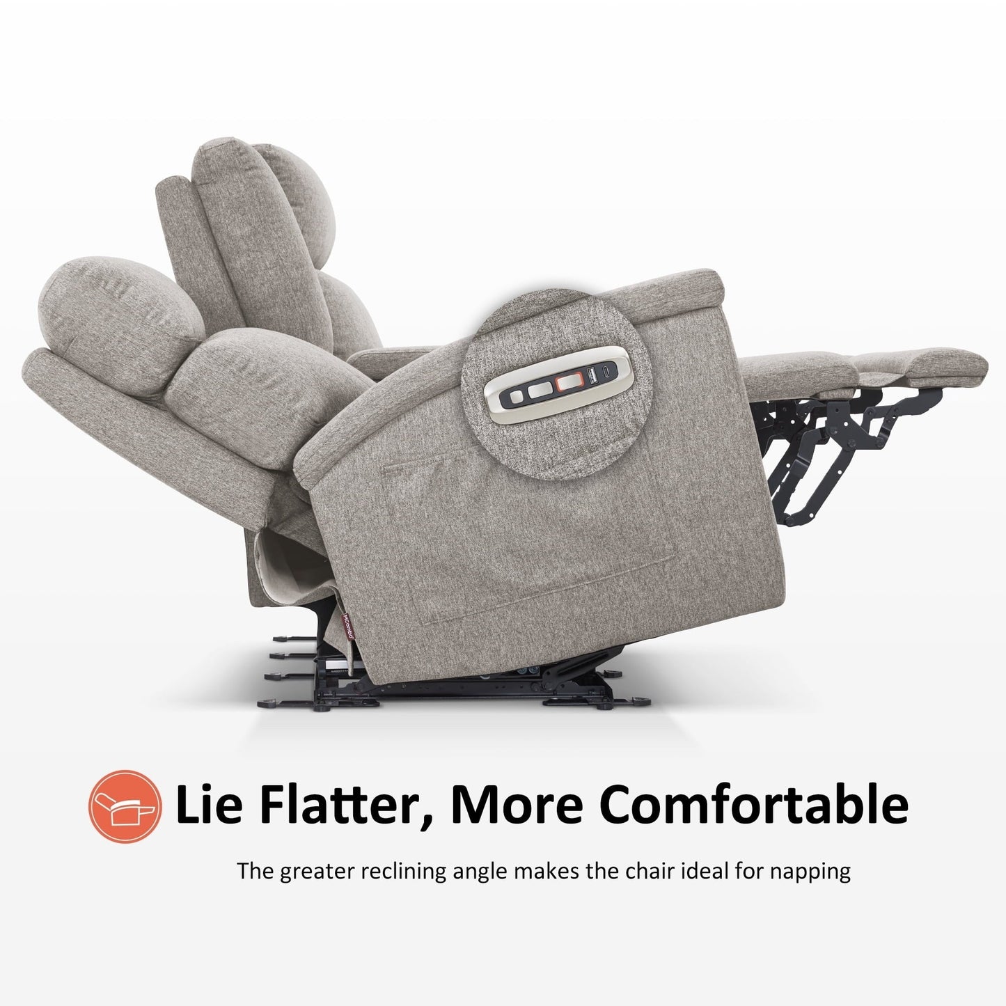 Canapé inclinable électrique MCombo 60.2 avec massage et double chauffage, appui-tête réglable, ports USB et Type-C, tissu