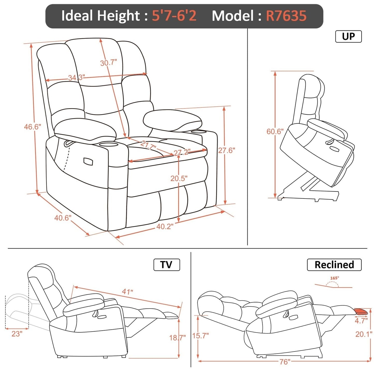 Fauteuil inclinable électrique à double moteur MCombo, grand format, avec massage et double chauffage, pour personnes âgées de grande taille, tissu R7635