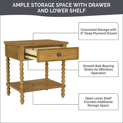 Table de chevet Madison Park Signature Beckett en bois tourné avec tiroir et étagère