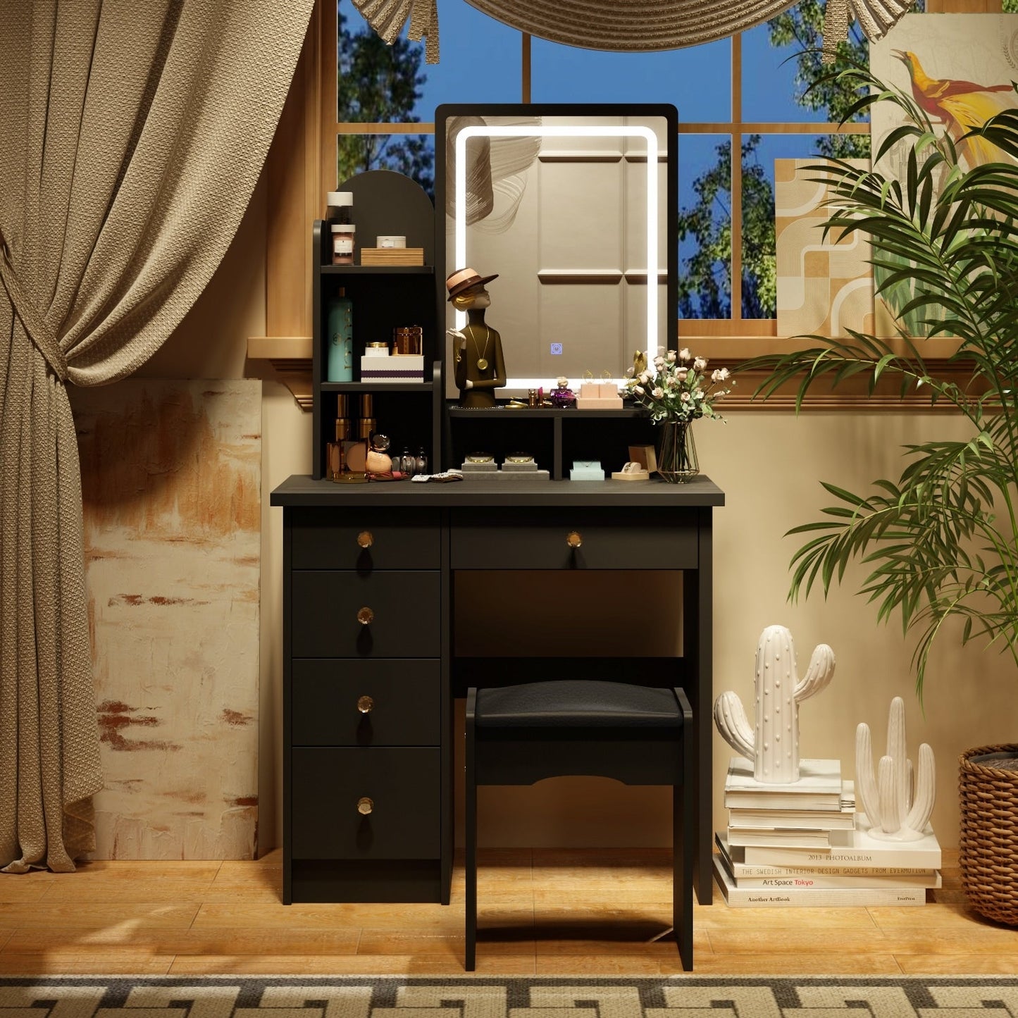 Coiffeuse avec éclairage LED, miroir et tabouret