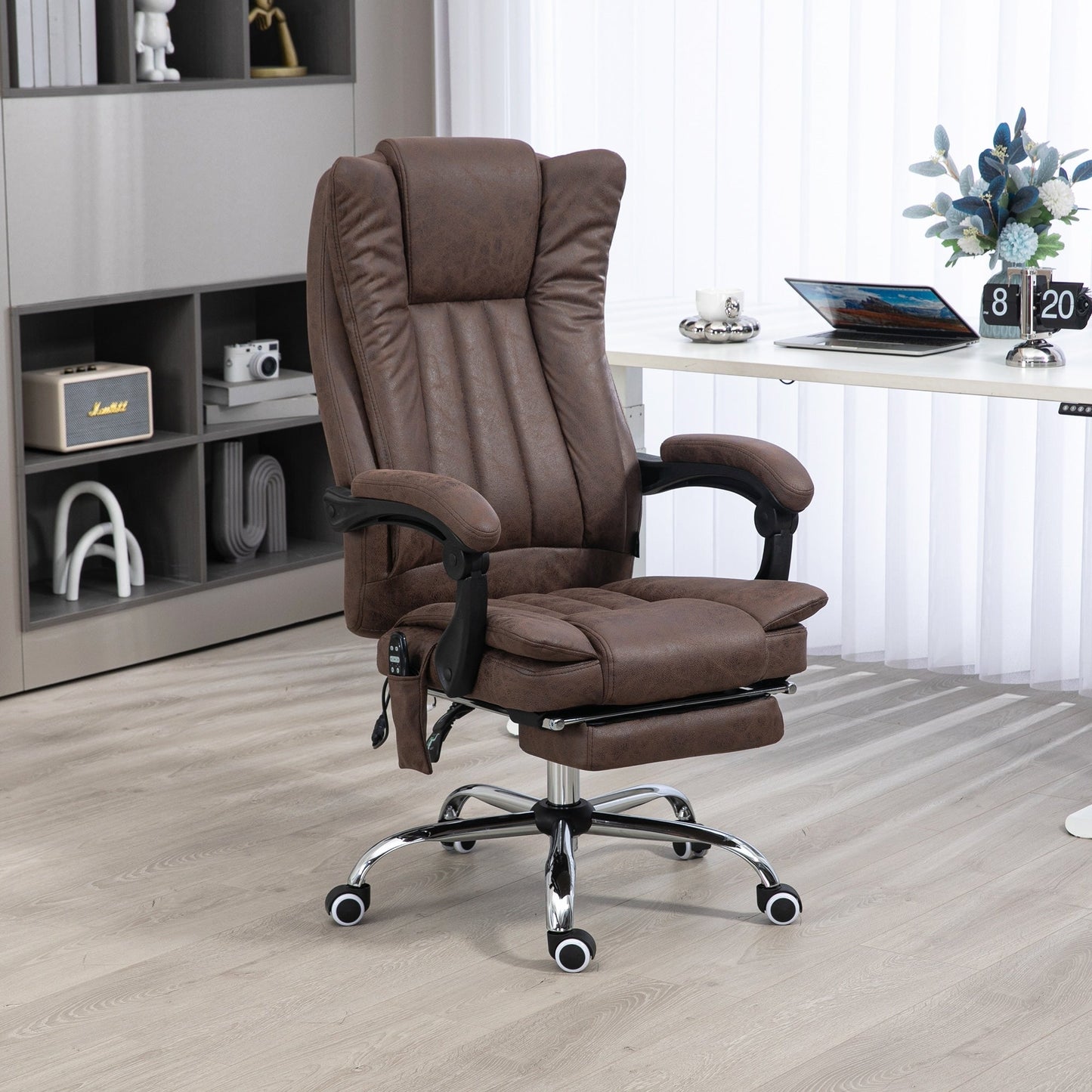 Fauteuil de bureau ergonomique de massage en microfibre, dossier haut, inclinable, chauffant, repose-pieds et télécommande