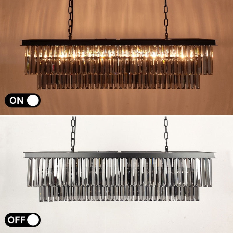 Lustre contemporain en cristal gris fumé et noir de 47 po, design linéaire à deux niveaux, luminaire suspendu pour îlot de cuisine et salle à manger.