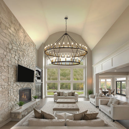 Lustre de ferme moderne à 2 niveaux, lustre rond en forme de roue de chariot, grand plafonnier haut.