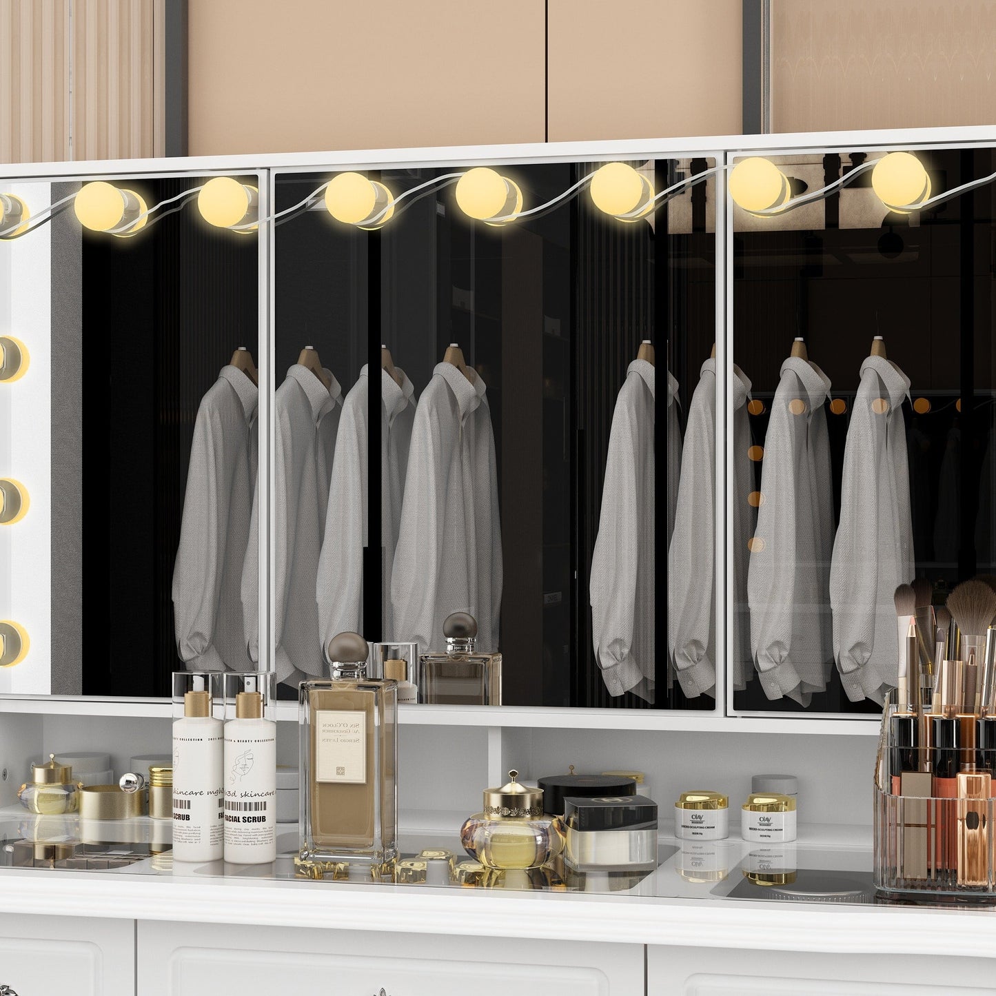 Miroir de maquillage pliable blanc moderne avec éclairage réglable - 40,2 x 54,1