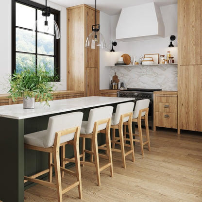 Tabouret de bar moderne Gracie, chaise rembourrée en boucle et pieds en bois brossé