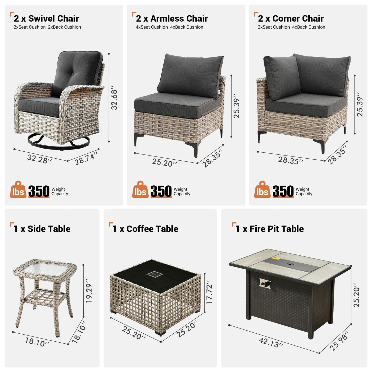 Ensemble de 9 chaises pivotantes d'extérieur en osier OVIOS avec table à feu