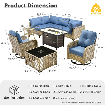 Ensemble de 9 chaises pivotantes d'extérieur en osier OVIOS avec table à feu