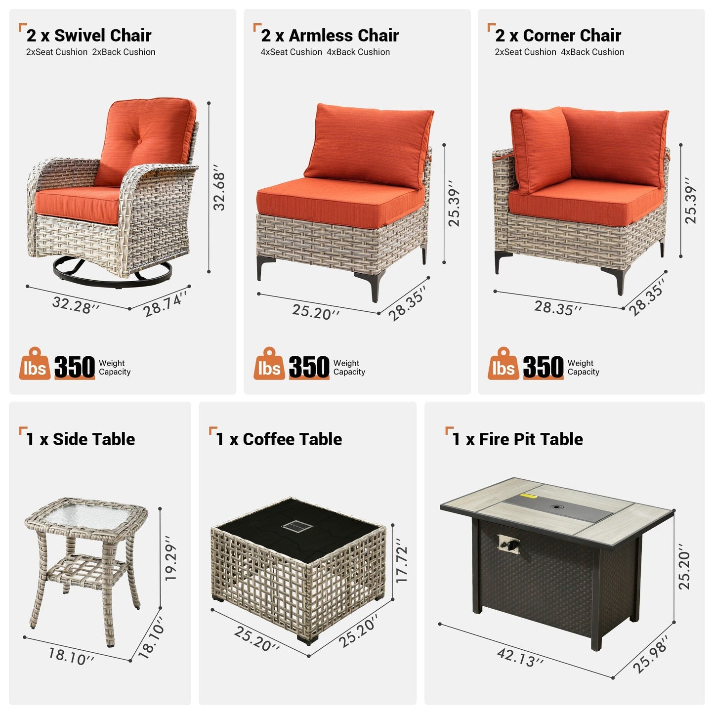 Ensemble de 9 chaises pivotantes d'extérieur en osier OVIOS avec table à feu