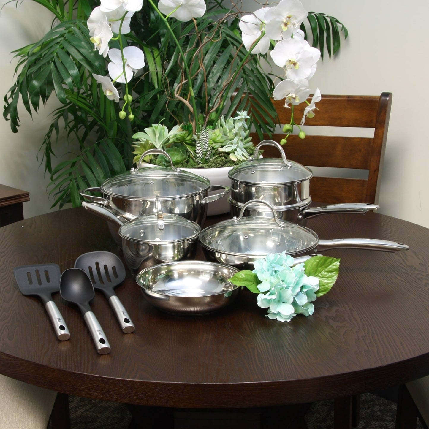 Batterie de cuisine Oster Ridgewell 13 pièces en acier inoxydable en forme de ventre