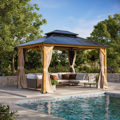 Gazebo à toit rigide EROMMY, pergola d'extérieur avec double toit, filet et rideaux, auvent robuste pour patio, arrière-cour, fête au bord de la piscine