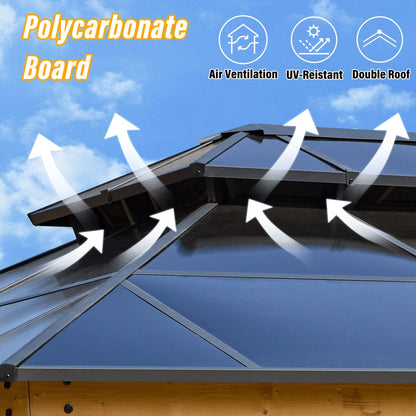 Gazebo à toit rigide EROMMY, pergola d'extérieur avec double toit, filet et rideaux, auvent robuste pour patio, arrière-cour, fête au bord de la piscine