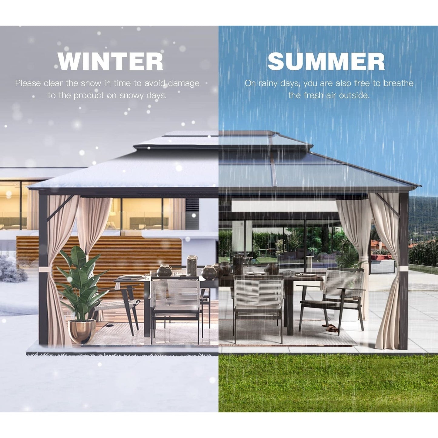 Gazebo à toit rigide EROMMY, pergola d'extérieur avec double toit, filet et rideaux, auvent robuste pour patio, arrière-cour, fête au bord de la piscine