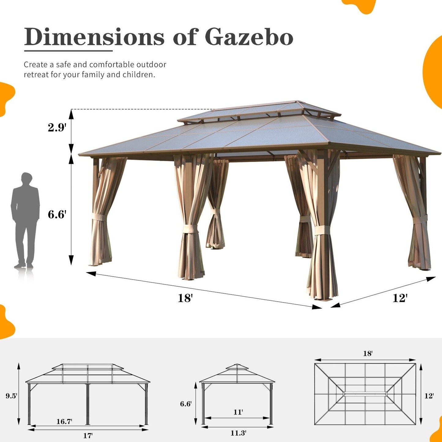 Gazebo à toit rigide EROMMY, pergola d'extérieur avec double toit, filet et rideaux, auvent robuste pour patio, arrière-cour, fête au bord de la piscine