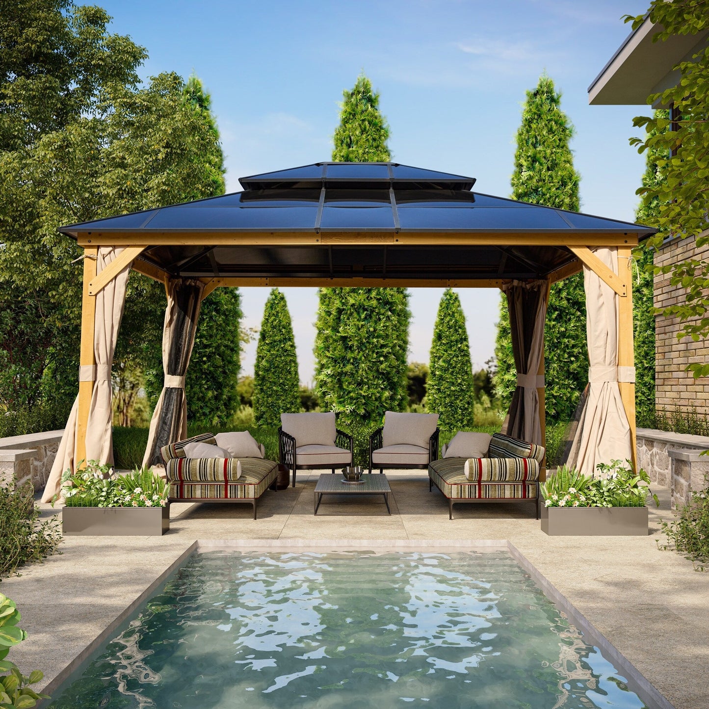 Gazebo à toit rigide EROMMY, pergola d'extérieur avec double toit, filet et rideaux, auvent robuste pour patio, arrière-cour, fête au bord de la piscine