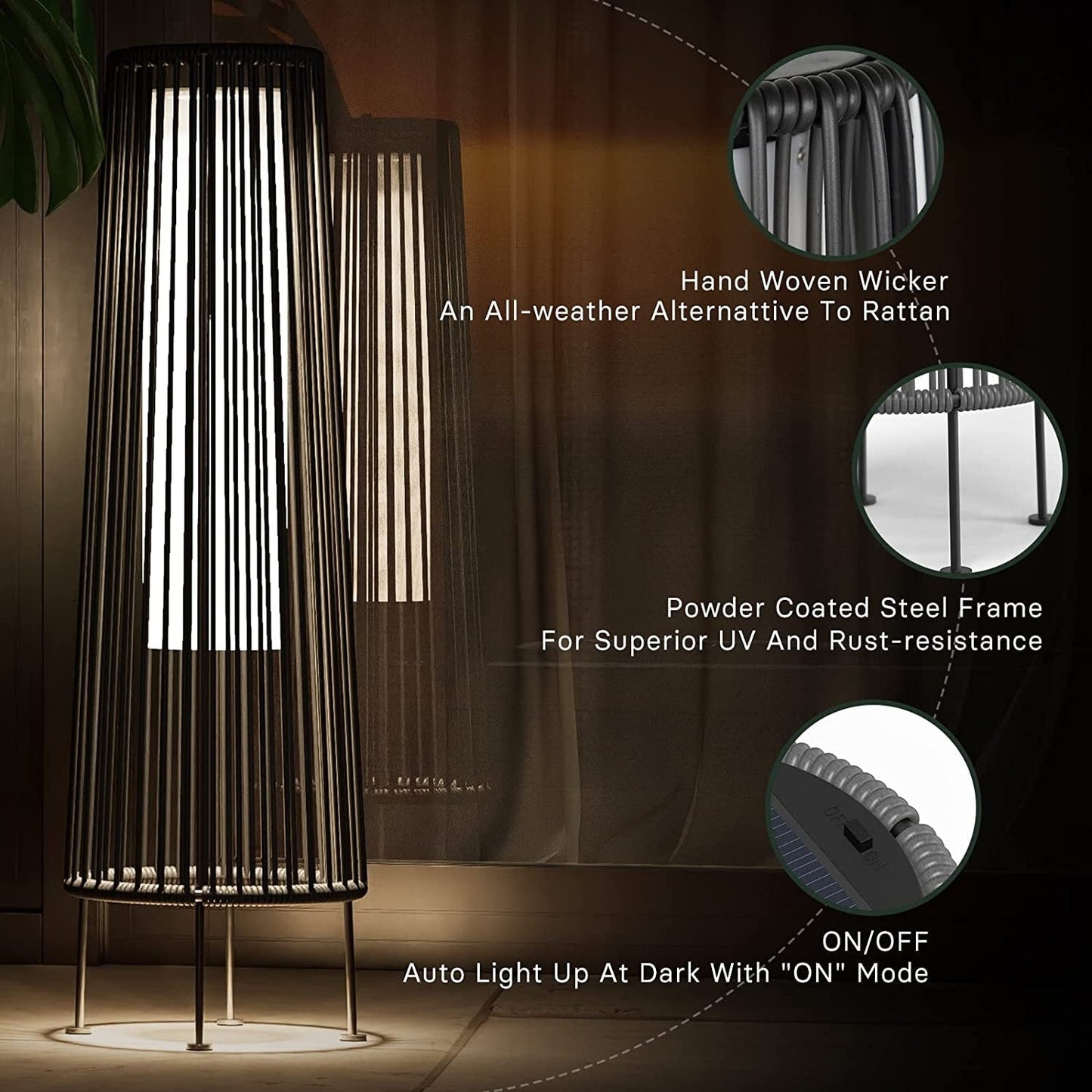 Lot de 2 lampes solaires d'extérieur en osier, résistantes aux intempéries, idéales pour terrasse, porche, cour ou jardin.