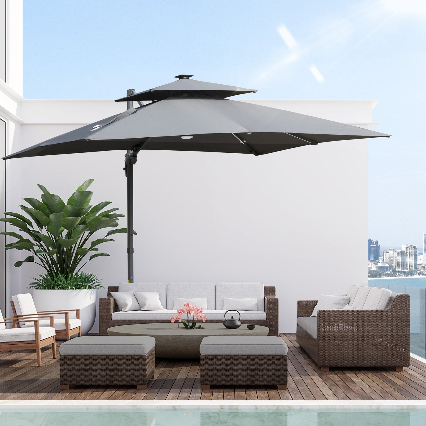 Parasol de terrasse solaire à LED Outsunny de 3 m, parasol suspendu décalé avec rotation à 360°, base croisée, 8 baleines, inclinaison et manivelle