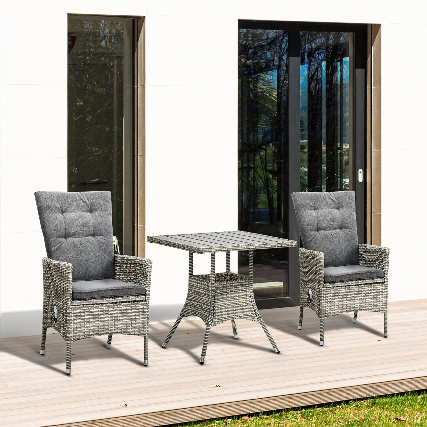 Ensemble de 3 canapés de patio Outsunny en rotin synthétique, chaises inclinables d'extérieur, table basse avec plateau en plastique grain de bois